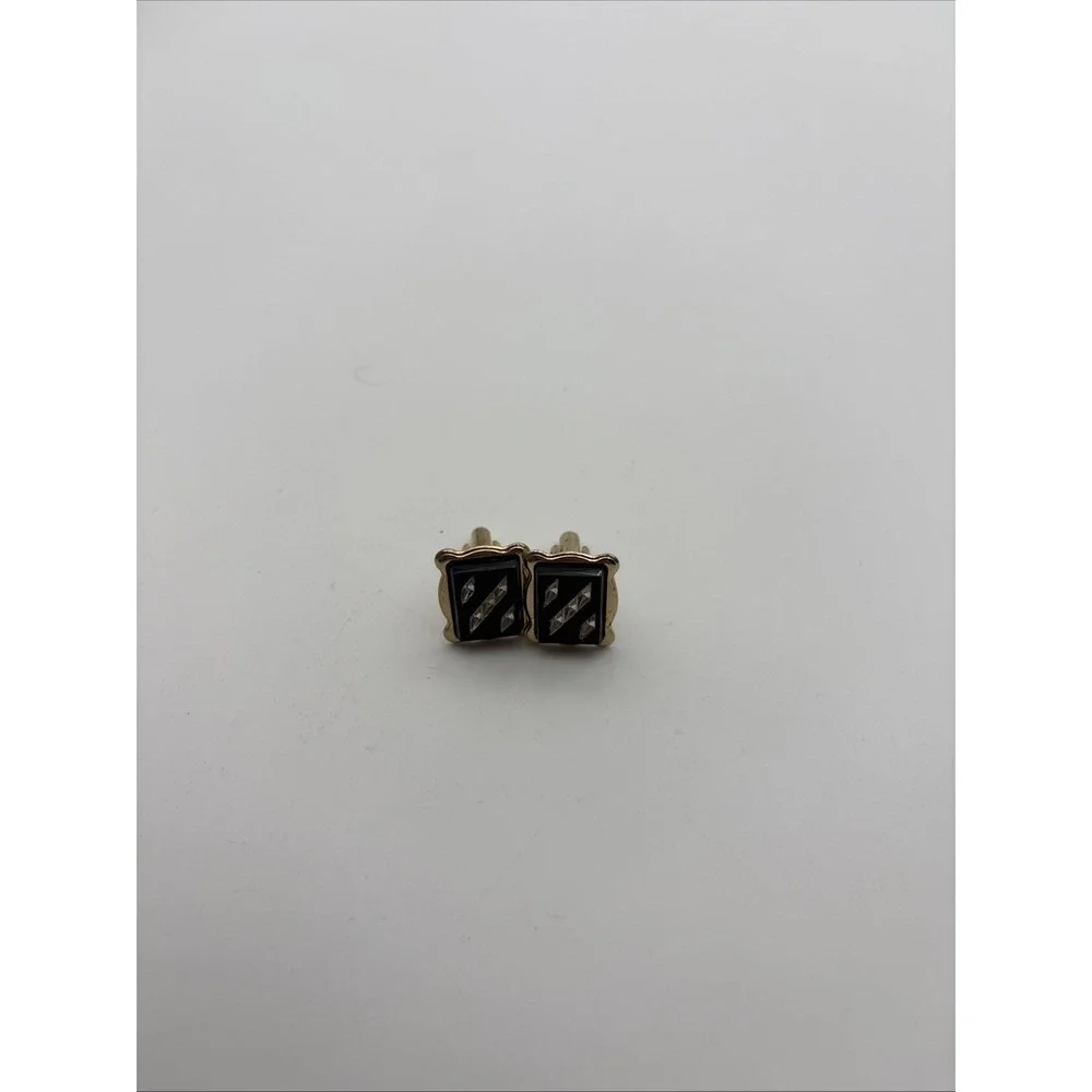 Vintage Black Glass Cufflinks Diamond Accents Gold Tone Rectangle Bullet Back J1